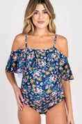 Load image into Gallery viewer, Blue Floral Ruffle Trim Ruched One-Piece Maternity Swimsuit
