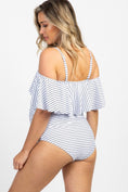 Load image into Gallery viewer, White Striped Ruffle Trim Ruched One-Piece Maternity Swimsuit
