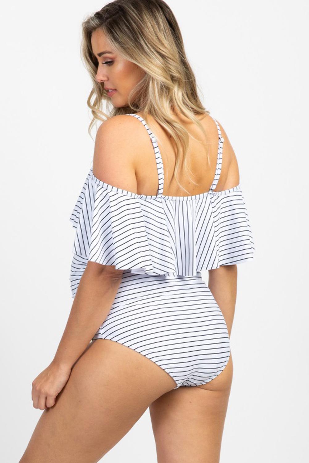 White Striped Ruffle Trim Ruched One-Piece Maternity Swimsuit