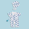 Load image into Gallery viewer, Smart Short Sleeve Kimono Romper + Bib - Blue Whale
