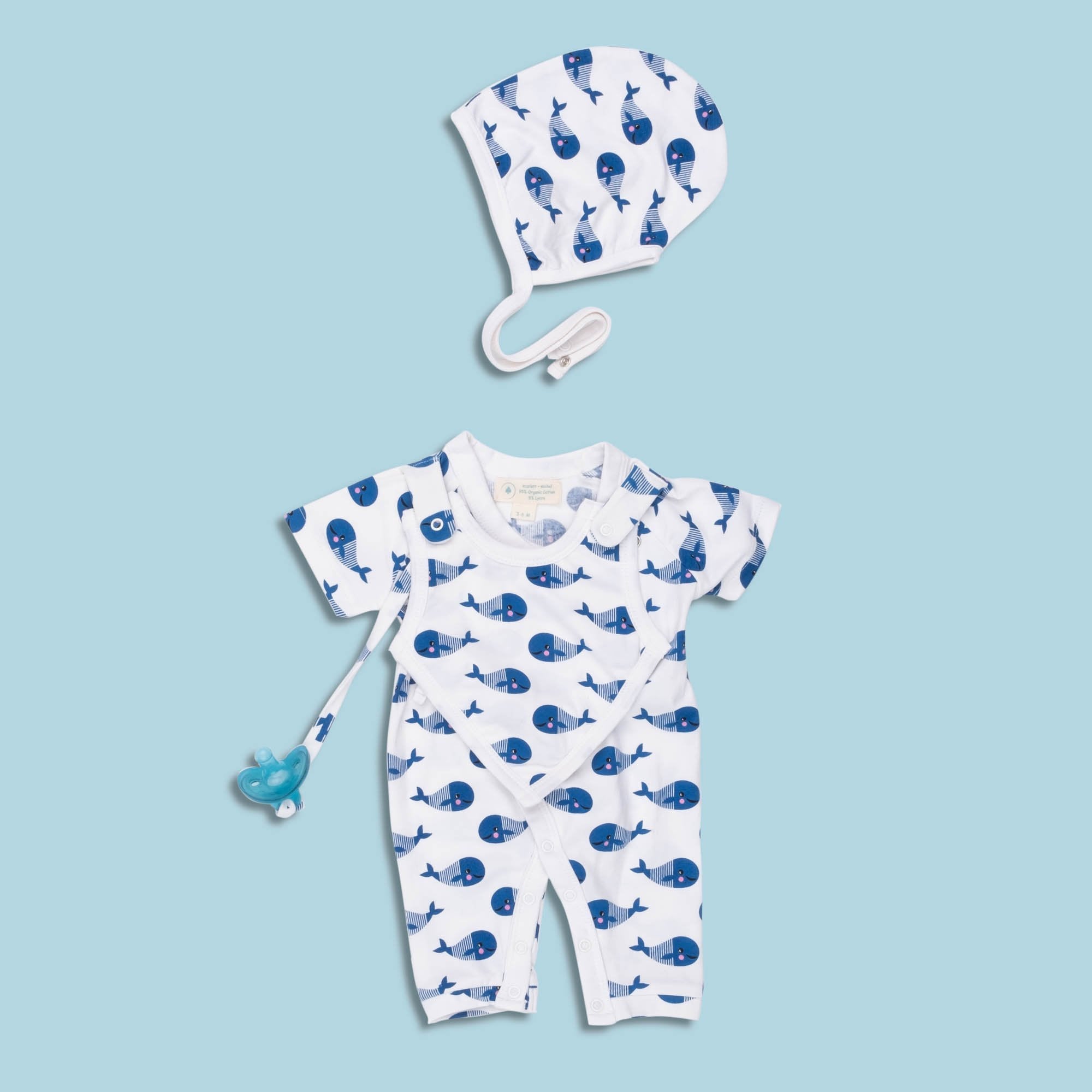 Smart Short Sleeve Kimono Romper + Bib - Blue Whale