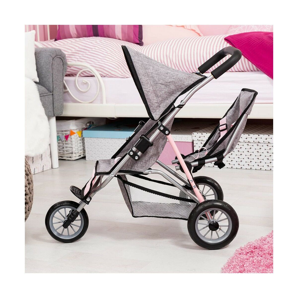 Doll Stroller Reig Grey Pink Wheels x 3 Twinned