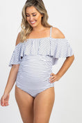 Load image into Gallery viewer, White Striped Ruffle Trim Ruched One-Piece Maternity Swimsuit
