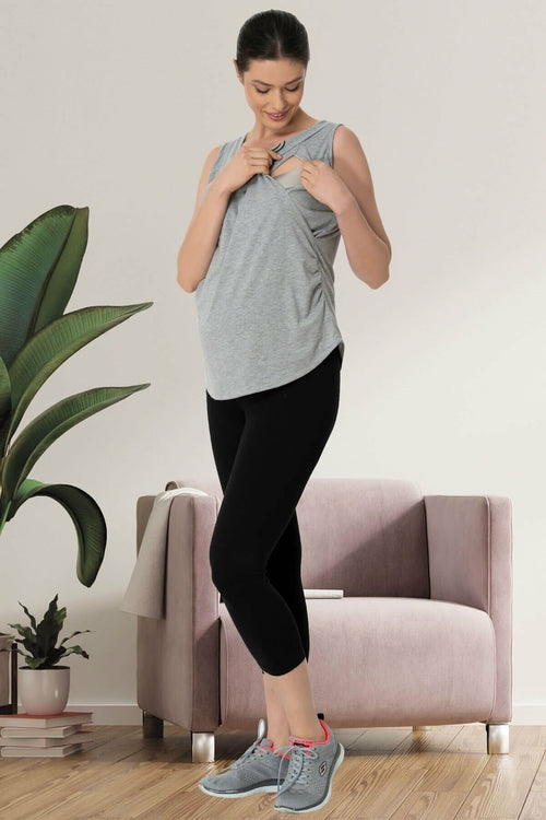 Shopymommy 5431 Maternity T-Shirt & Capri Tights Set Grey