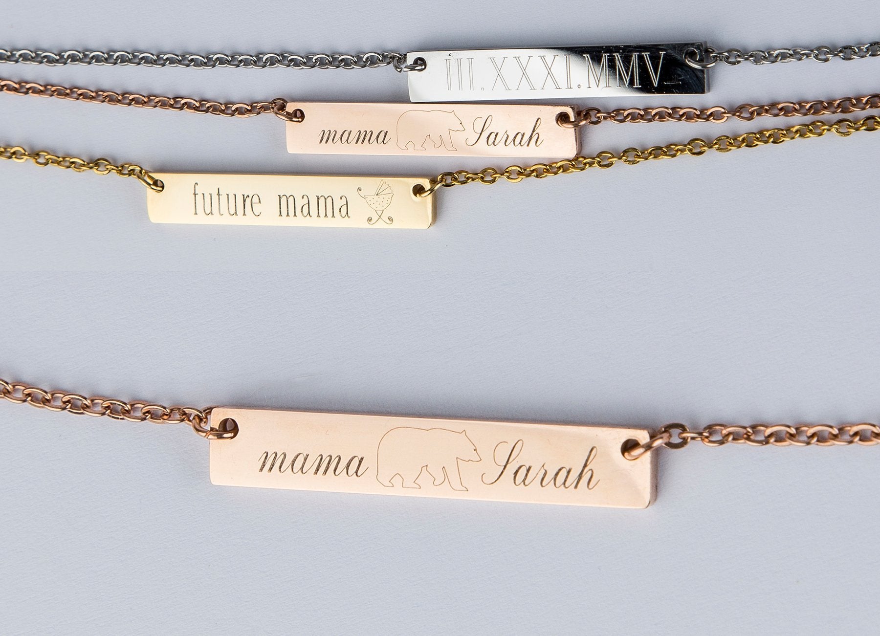 Mama Bear Bar Necklace Personalized Gift Mom Baby Name Necklace Rose