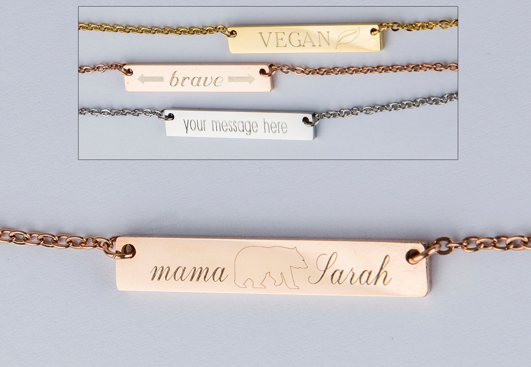 Mama Bear Bar Necklace Personalized Gift Mom Baby Name Necklace Rose