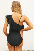 Load image into Gallery viewer, Black Ruffle Front One Shoulder Maternity Swimsuit
