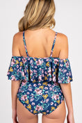 Load image into Gallery viewer, Blue Floral Ruffle Trim Ruched One-Piece Maternity Swimsuit
