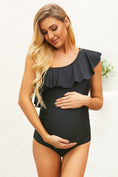 Load image into Gallery viewer, Black Ruffle Front One Shoulder Maternity Swimsuit
