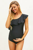 Load image into Gallery viewer, Black Ruffle Front One Shoulder Maternity Swimsuit
