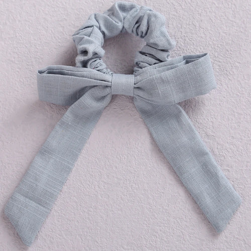 Solid Color Bow Linen Girls Elastic Hair Bands Long Ribbon Ponytail