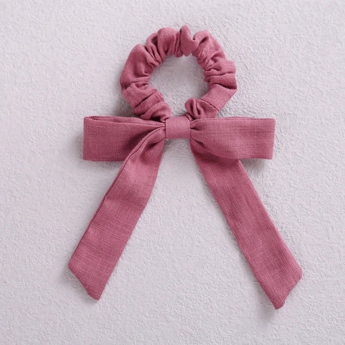 Solid Color Bow Linen Girls Elastic Hair Bands Long Ribbon Ponytail