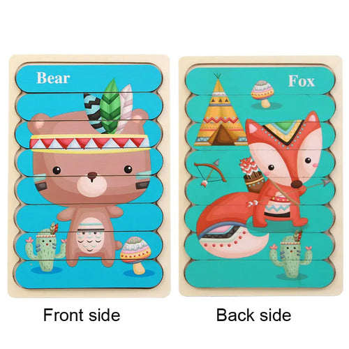 Animal Wooden Puzzle 3D Double-sided Puzzles For Kids Story Jigsaw