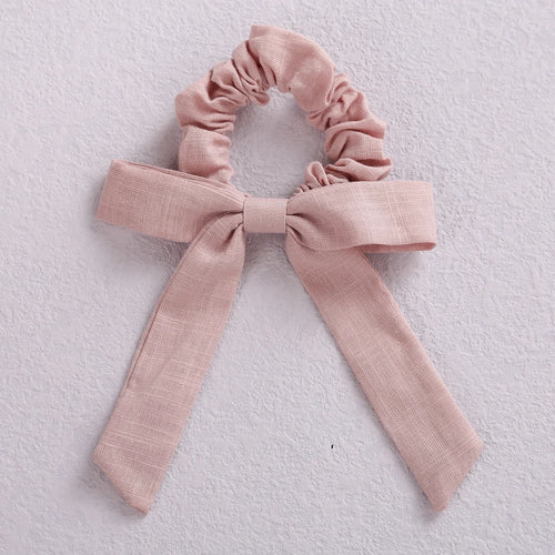 Solid Color Bow Linen Girls Elastic Hair Bands Long Ribbon Ponytail