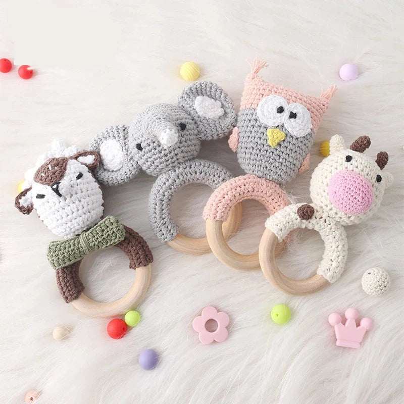 1Pc Wooden Baby Teether Crochet Elephant Rattle Toy BPA Free Wood