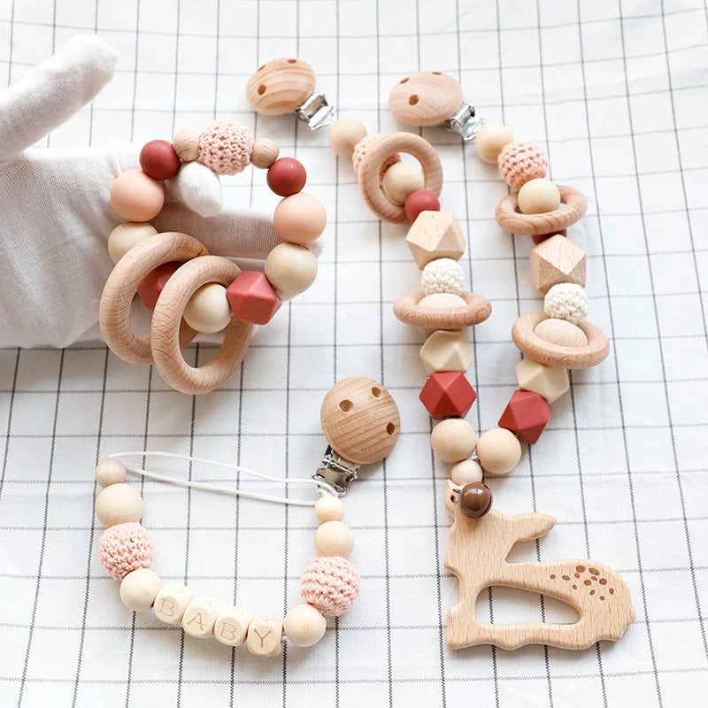 Baby Toys Silicone Beads Teethers Wooden Rings Handmade Bracelet