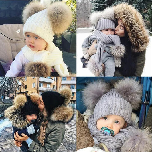 2023 Mother Kids Hats Bobble Hat Children Cap Pom Pom Beanies Caps