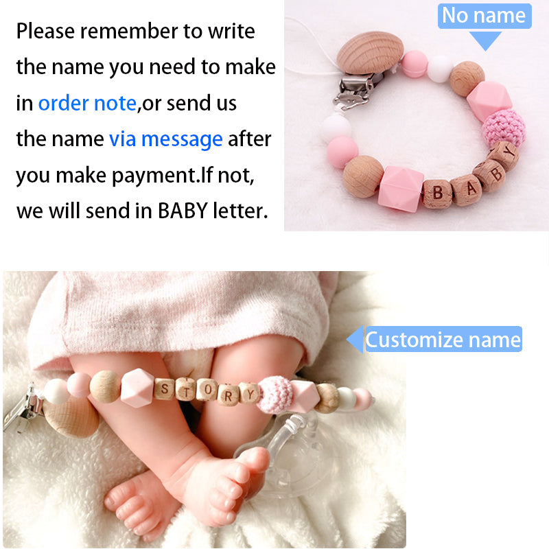 Handmade Free Personalized Name Silicone Wood Pacifier Clips Safe