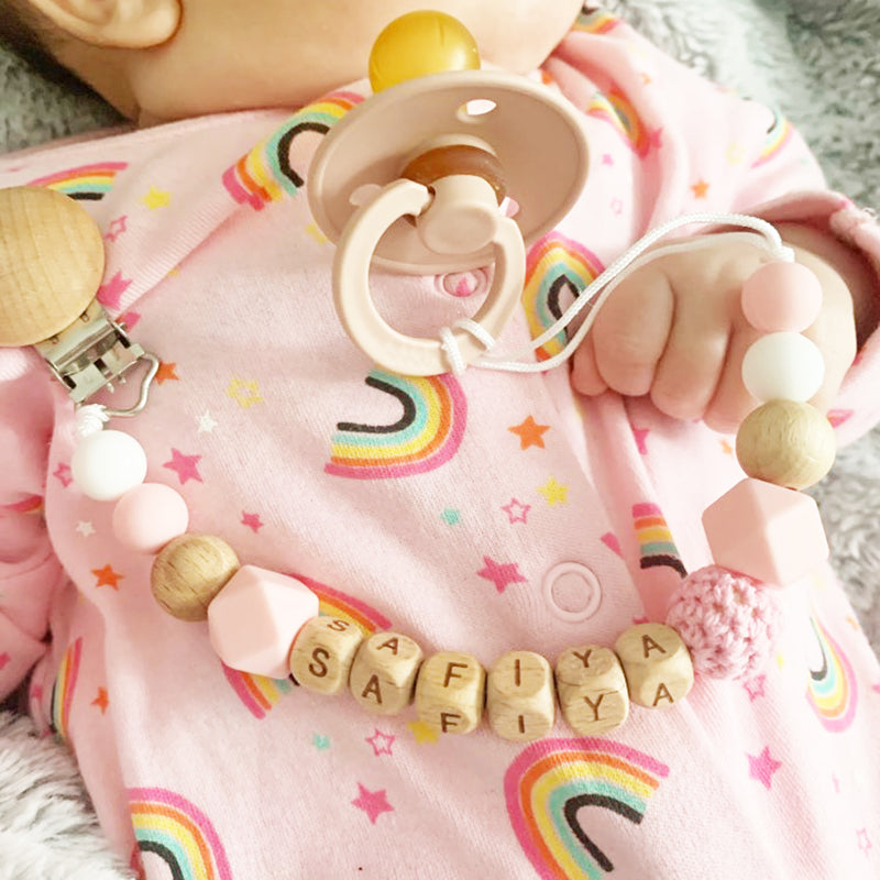 Handmade Free Personalized Name Silicone Wood Pacifier Clips Safe