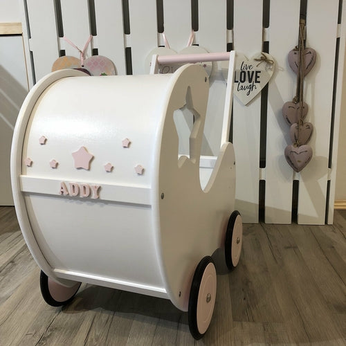 Handmade Wooden Doll Pram Star White