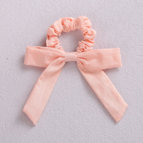 Solid Color Bow Linen Girls Elastic Hair Bands Long Ribbon Ponytail