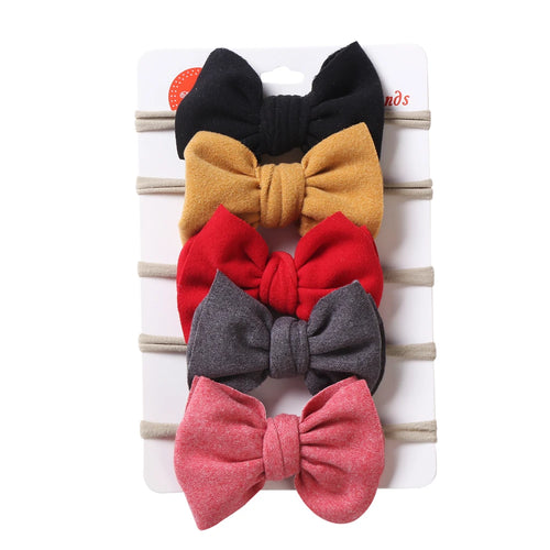 5Pcs/Lot Solid Bow Headband Faux Suede Polyester Waffle Elastic Nylon