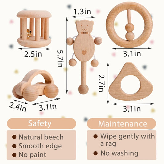 1pc Baby Toy Beech Bear Hand Teething Baby Rattles Wood Ring Cartoon