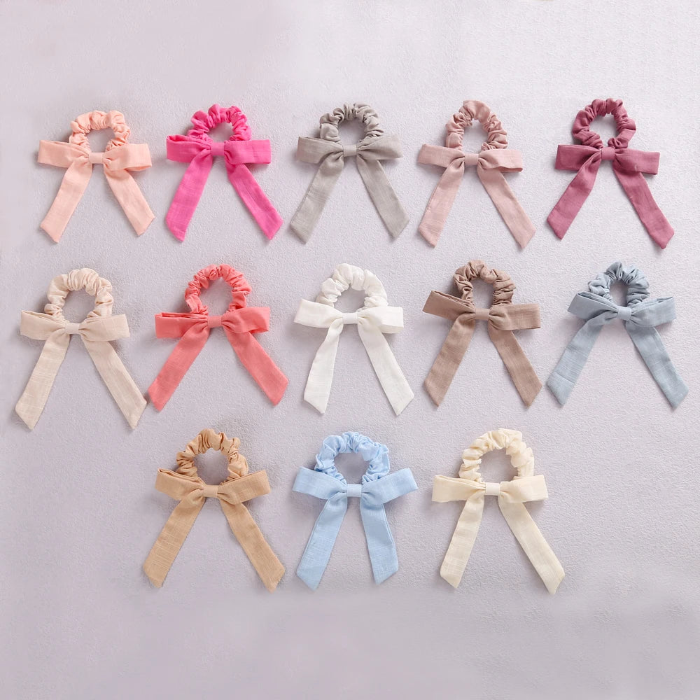 Solid Color Bow Linen Girls Elastic Hair Bands Long Ribbon Ponytail