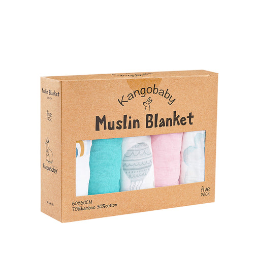 Kangobaby 5 Pieces Pack Multi-functional Bamboo Cotton Muslin Blanket