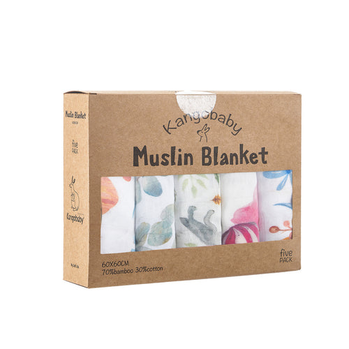 Kangobaby 5 Pieces Pack Multi-functional Bamboo Cotton Muslin Blanket