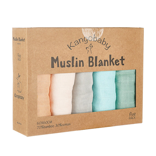 Kangobaby 5 Pieces Pack Multi-functional Bamboo Cotton Muslin Blanket