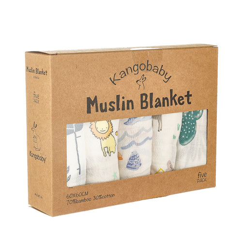 Kangobaby 5 Pieces Pack Multi-functional Bamboo Cotton Muslin Blanket