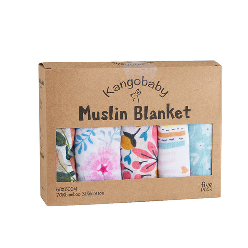 Kangobaby 5 Pieces Pack Multi-functional Bamboo Cotton Muslin Blanket