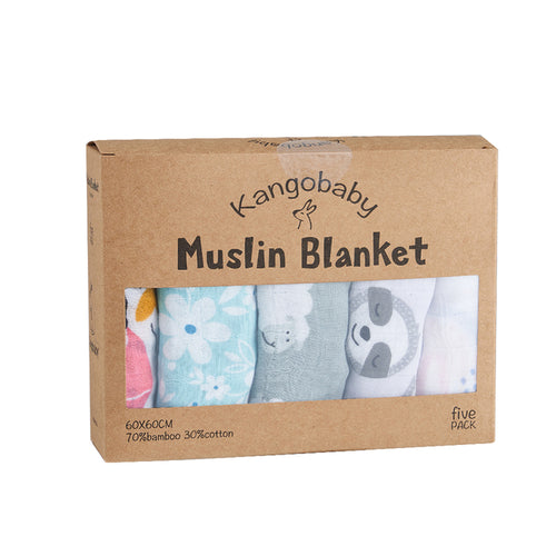 Kangobaby 5 Pieces Pack Multi-functional Bamboo Cotton Muslin Blanket