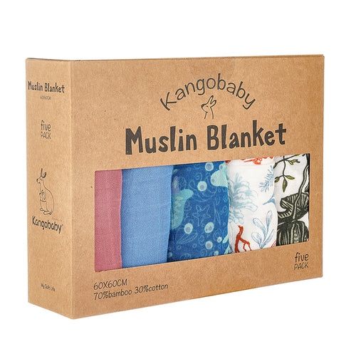 Kangobaby 5 Pieces Pack Multi-functional Bamboo Cotton Muslin Blanket