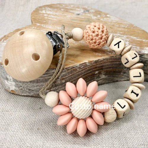 Custom Name Silicone Beads Wooden Ring Pacifier Clips Safe Teething