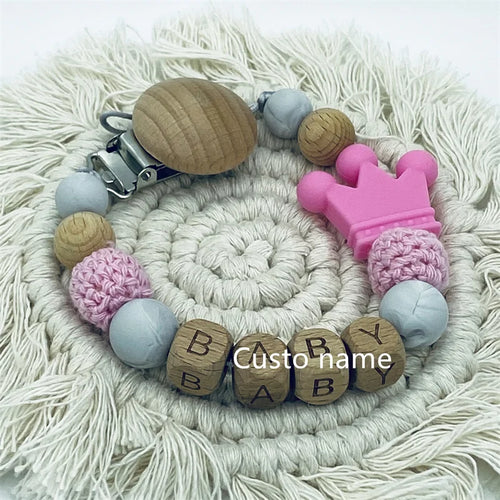 Custom Name Silicone Beads Wooden Ring Pacifier Clips Safe Teething