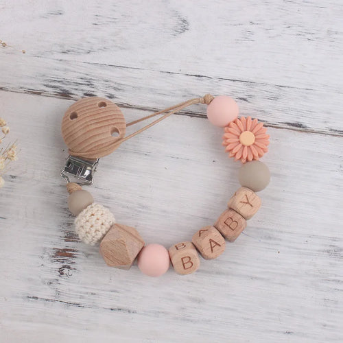 Handmade Free Personalized Name Silicone Wood Pacifier Clips Safe