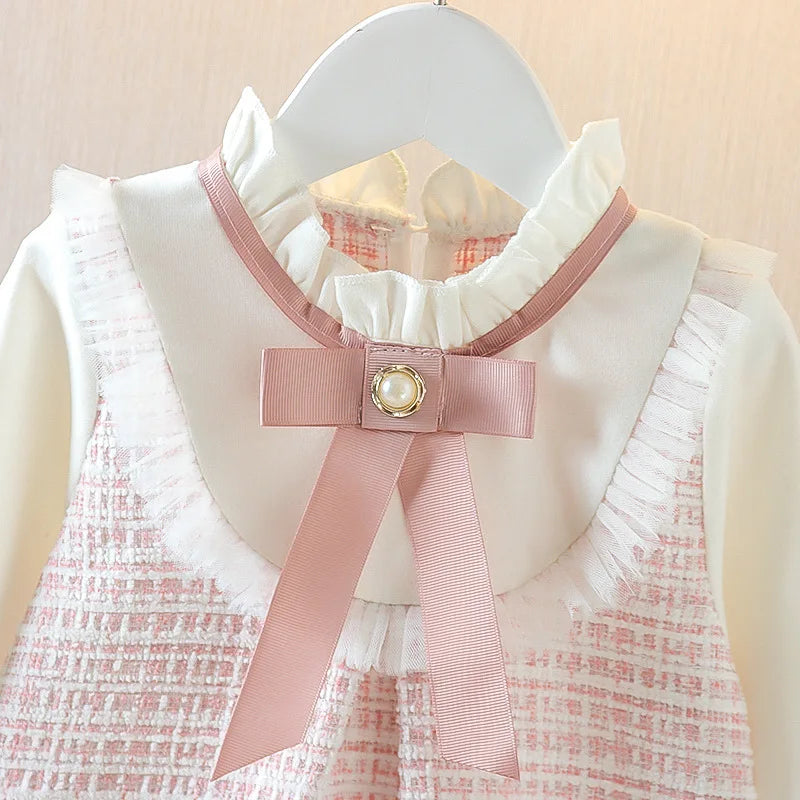 New In Spring Toddler Girl Dresses Korean Fashion Cute Bow Mesh Plaid