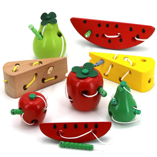 Montessori Toy Worm Eat Fruit Wooden Puzzle Toy Kids Fingers Flexible