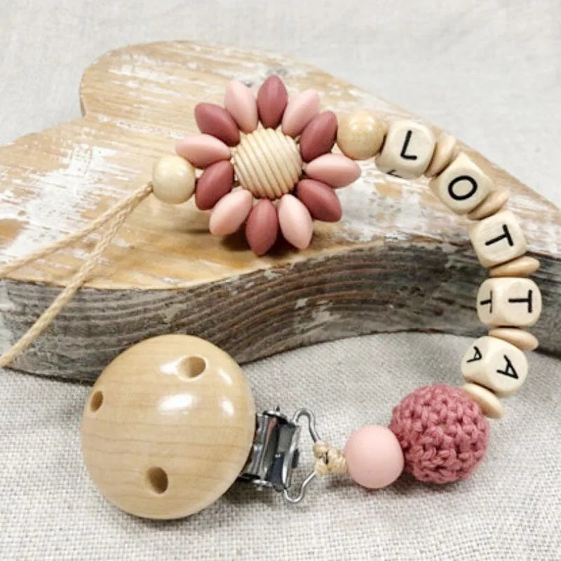 Custom Name Silicone Beads Wooden Ring Pacifier Clips Safe Teething