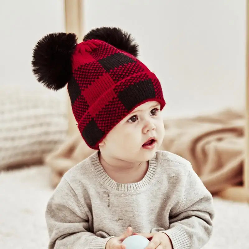 Parent-Child Christmas Hat Big Pompom Mother Kids Knit Beanie Cap