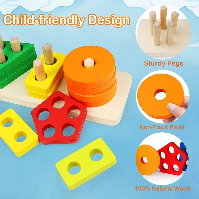 Montessori Wooden Geometric Shape Five Sets of Columns Blocks