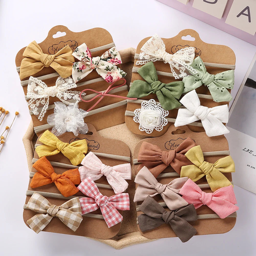 5Pcs/Set Baby Bow Headband Lace Flower Print Nylon Cotton Hair Bands