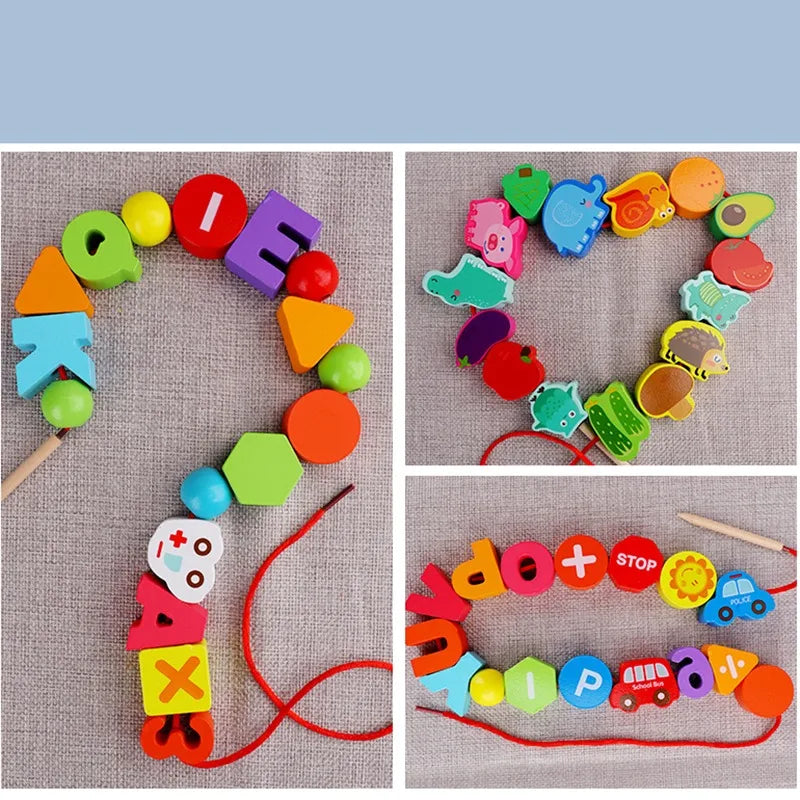 Monterssori Baby DIY Wooden Toys Cartoon Fruit Animal Stringing