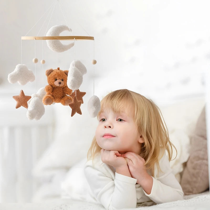 Baby Wooden Bed Bell Mobile Hanging Rattle Toys Teddy Velvet Bear