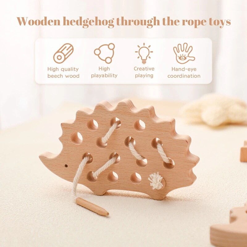 Wooden Hedgehog Threading Board Kids Montessori Toys Beech Wooden