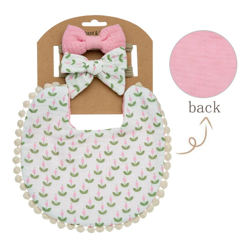 3Pcs/Set Baby Flower Bibs & Headbands Bow Nylon Hairbands Double Side