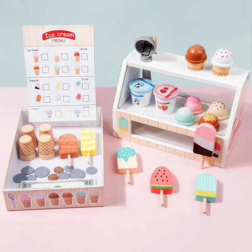 Wooden Ice Cream Counter Playset for Toddler Toys,  Montessori Pretend