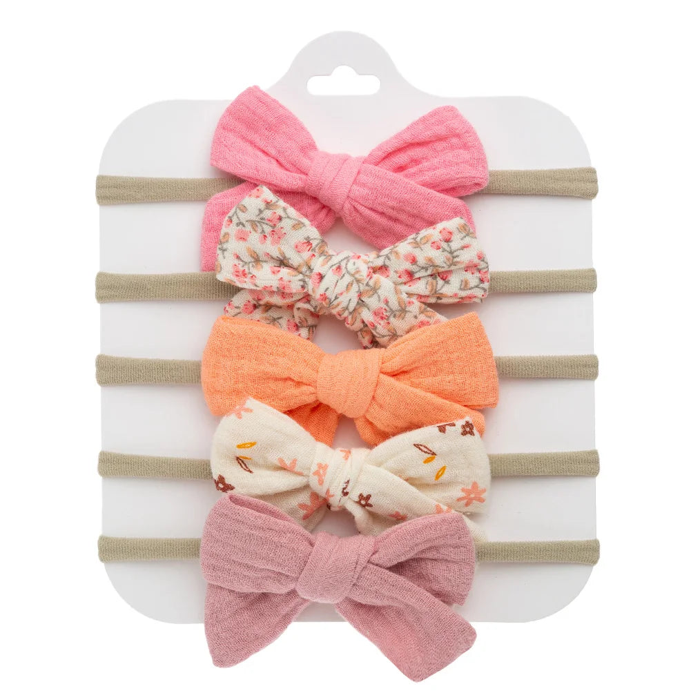 5Pcs/Lot Muslin Cotton Baby Headbands Flower Rainbow Print Elastic